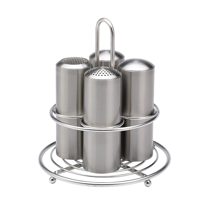 Condiment Shaker, Caddy with 4 Shakers (Plain), Coffee Set, 6 Ounce,  Brushed Stainless